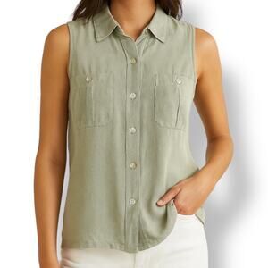 Vintage 90s Shirt Light Sage Silk Sleeveless Button Down Top Medium Minimalist